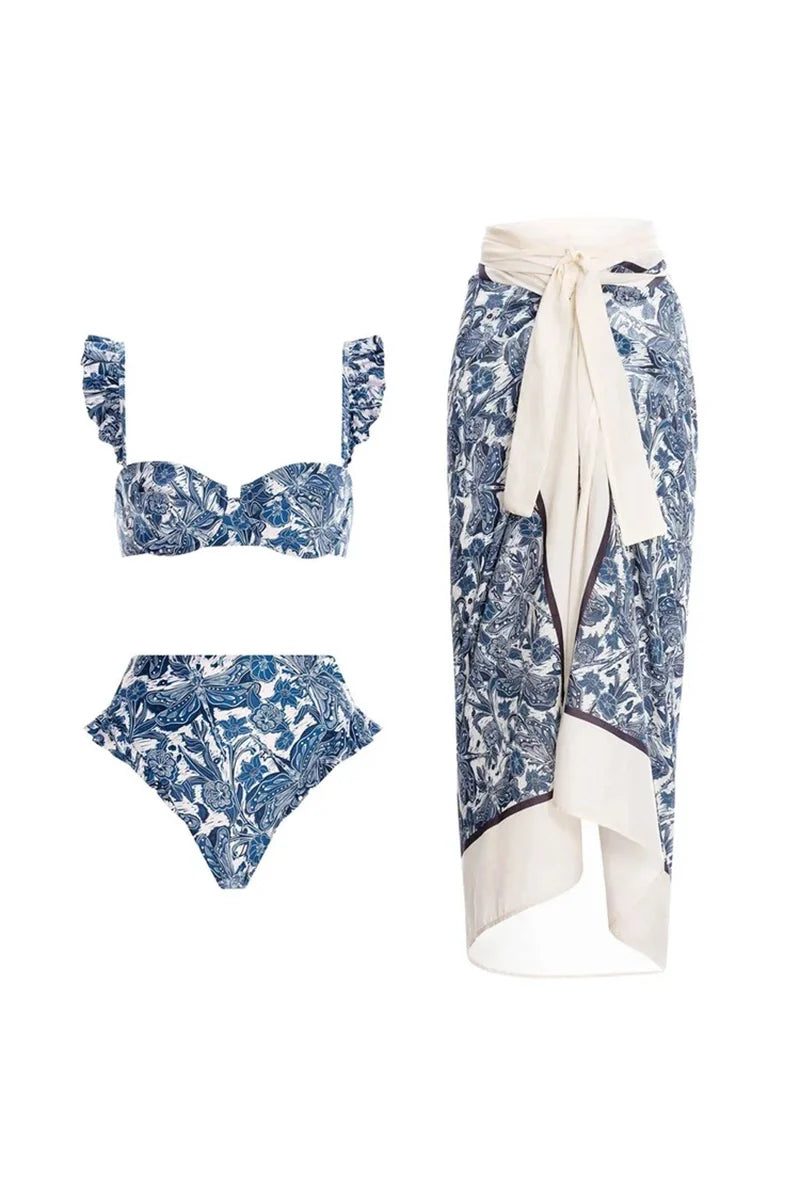 Blue Dragonfly Print Ruffle Bikini Set-ROVOLE