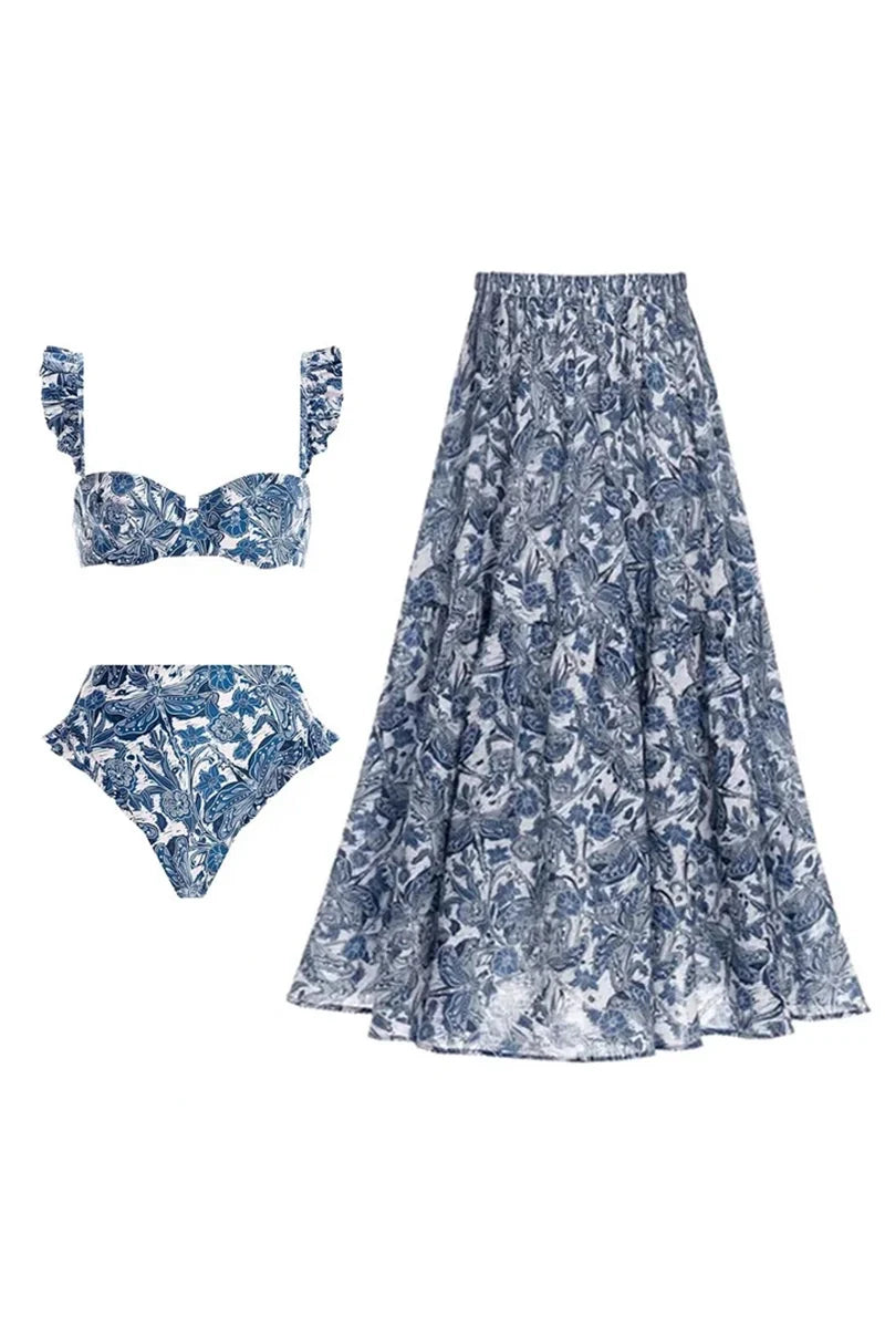 Blue Dragonfly Ruffle Skirt Swimsuit Set-ROVOLE