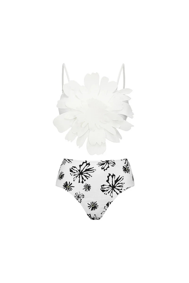 Floral Trim White Printed Bikini Set-ROVOLE