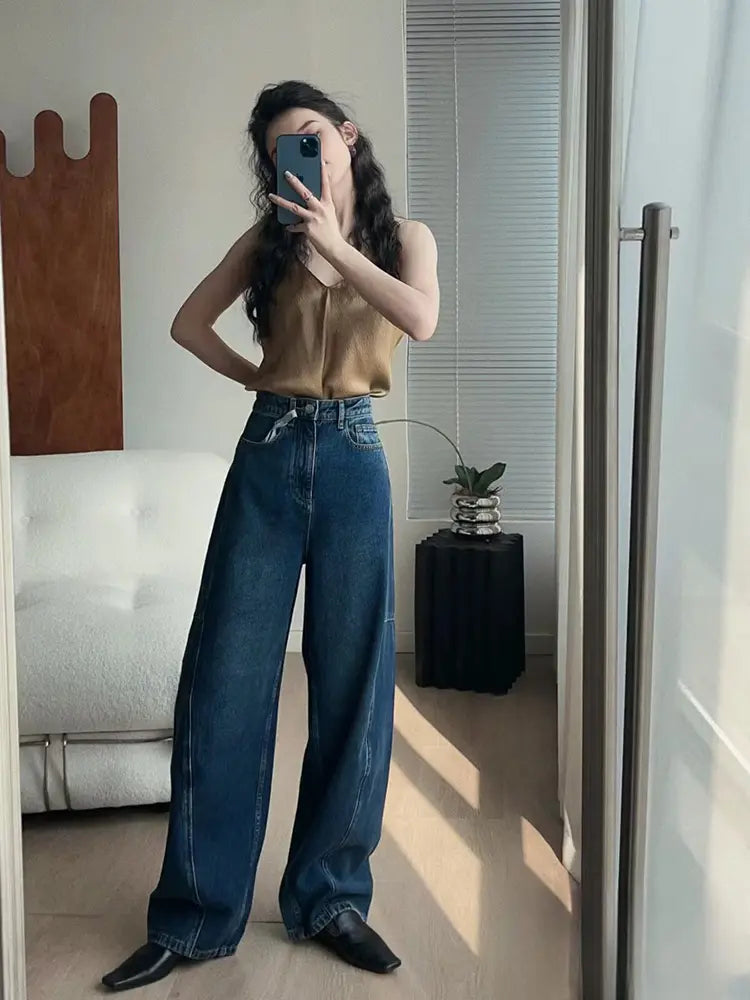 Trendy Loose Arc-Cut Denim Pants-Massicos