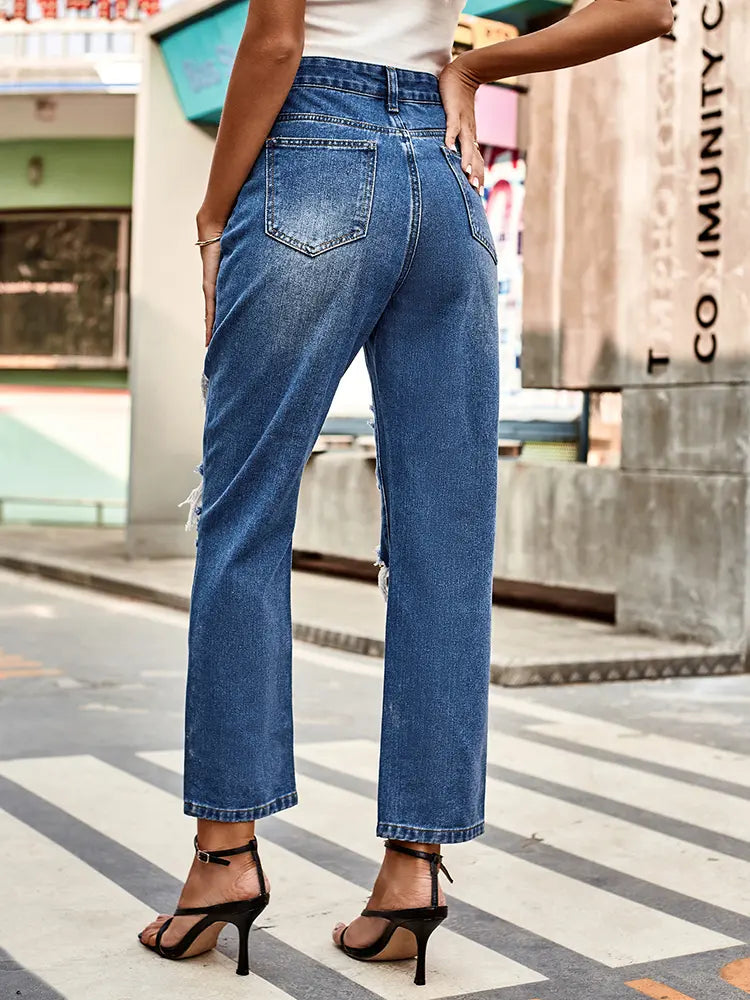 Versatile Washed Ripped Straight-Leg Cropped Jeans-Massicos
