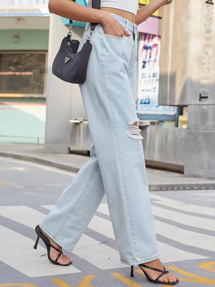 Light Wash Vintage Distressed Denim Pants-Massicos