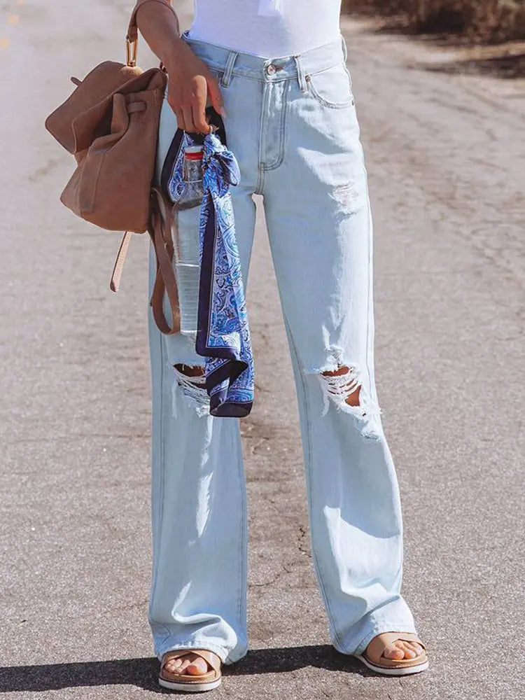 High-Waist Distressed Wide-Leg Jeans-Massicos