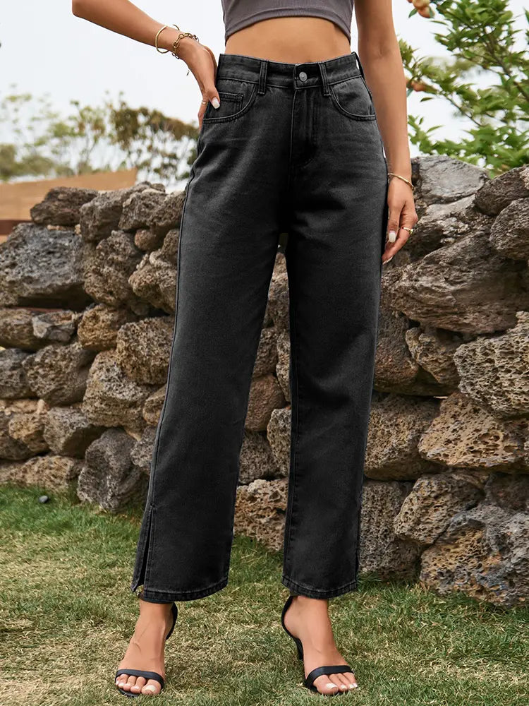 Trendy Split-Hem Washed Denim Pants-Massicos
