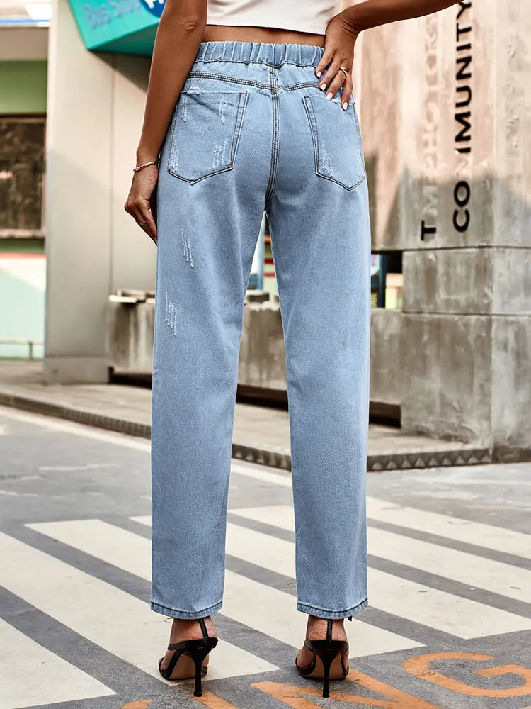 Autumn Drawstring Waist Distressed Denim Pants-Massicos
