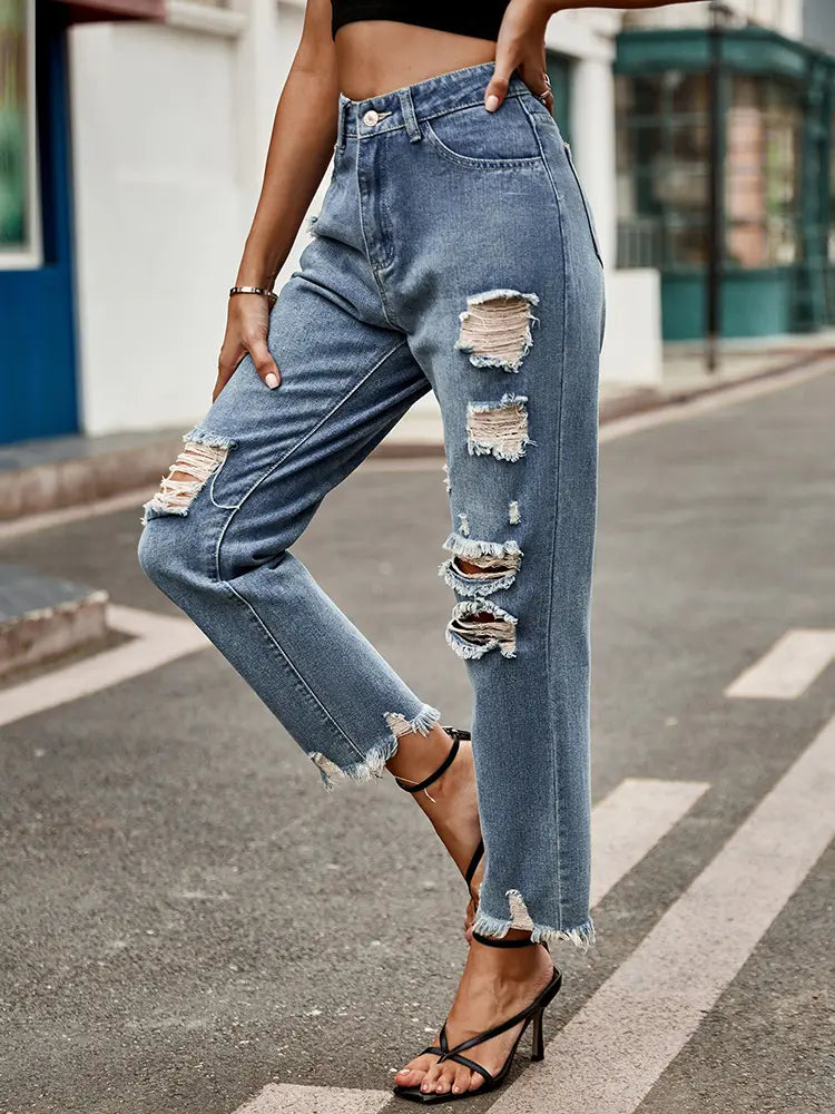 Trendy Frayed Slim-Fit Cropped Jeans-Massicos