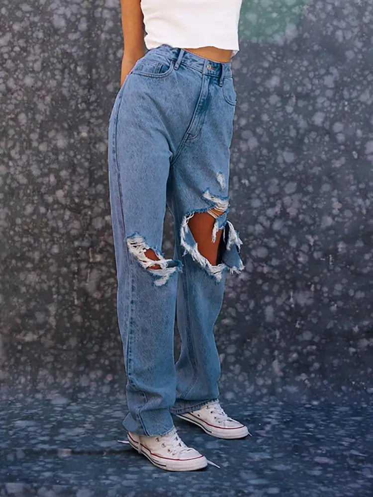 Summer Loose Straight-Leg Ripped Jeans-Massicos