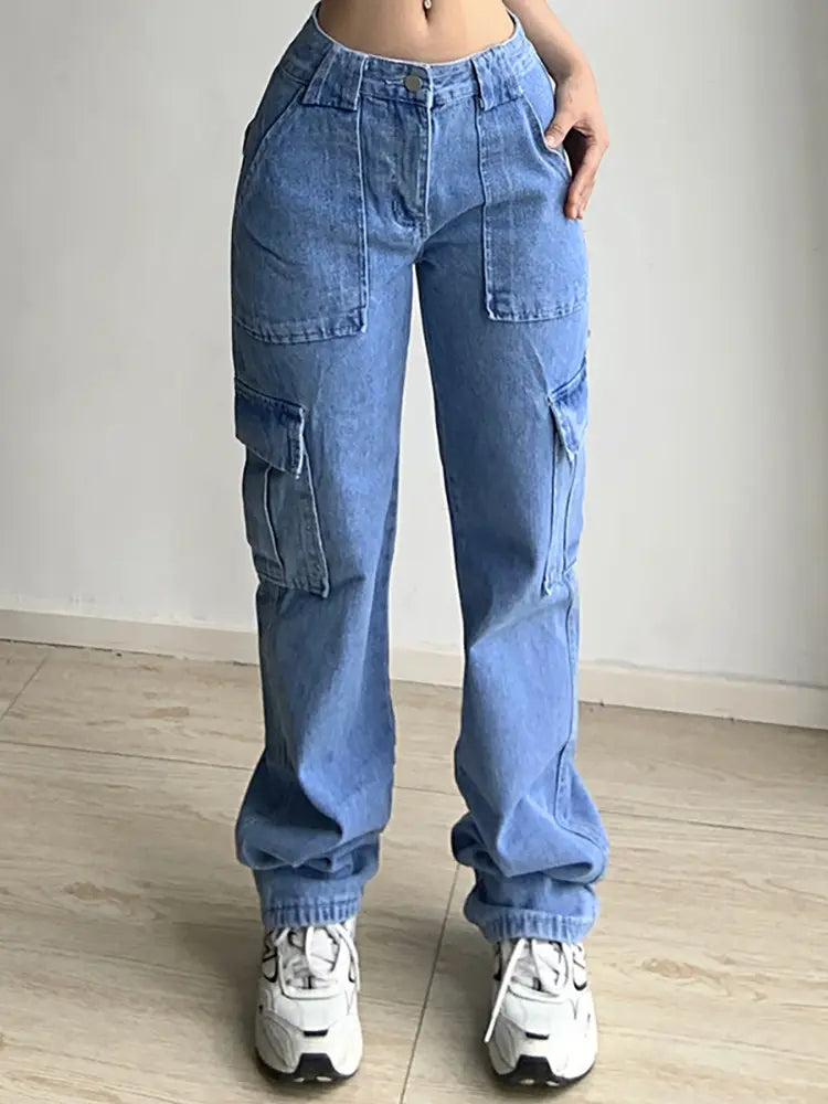 Versatile Multi-Pocket Loose Fit Cargo Jeans-Massicos