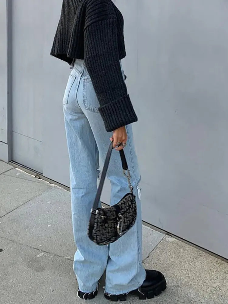 Trendy Flared Wide-Leg Ripped Denim Jeans-Massicos
