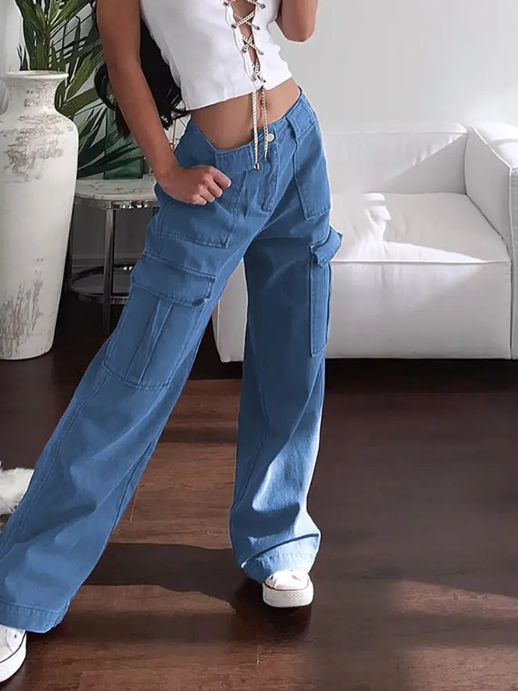 Versatile Multi-Pocket Loose Fit Cargo Jeans-Massicos