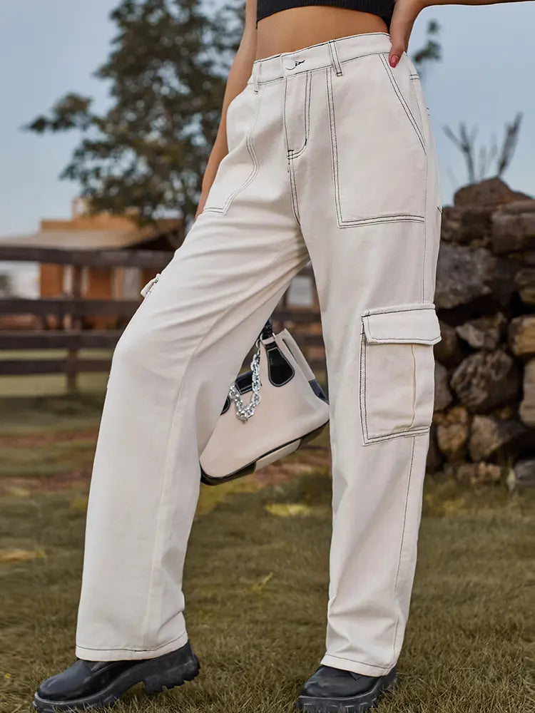 Vintage Elastic Waist Relaxed Fit Denim Cargo Pants-Massicos