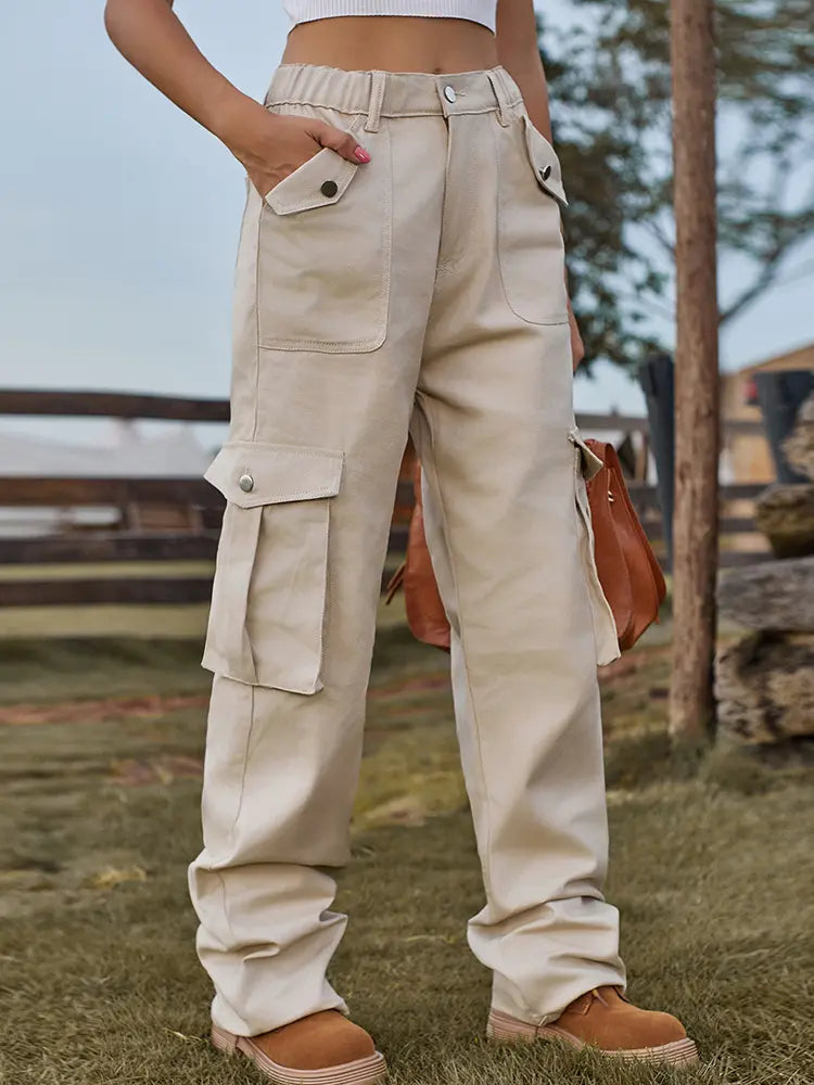 Vintage Elastic Waist Denim Cargo Pants-Massicos