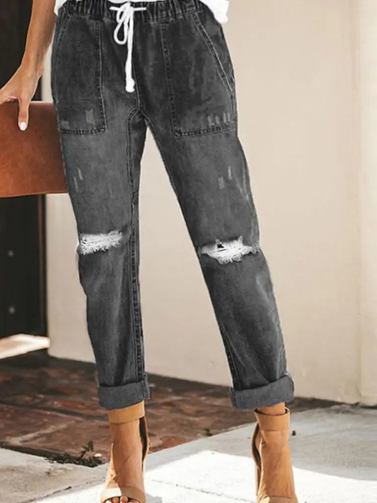 Autumn Drawstring Ripped Denim Pants-Massicos