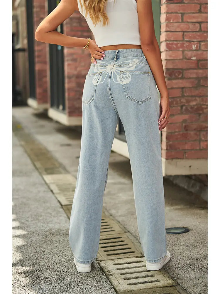 Light Wash Mid-Waist Butterfly Print Jeans-Massicos