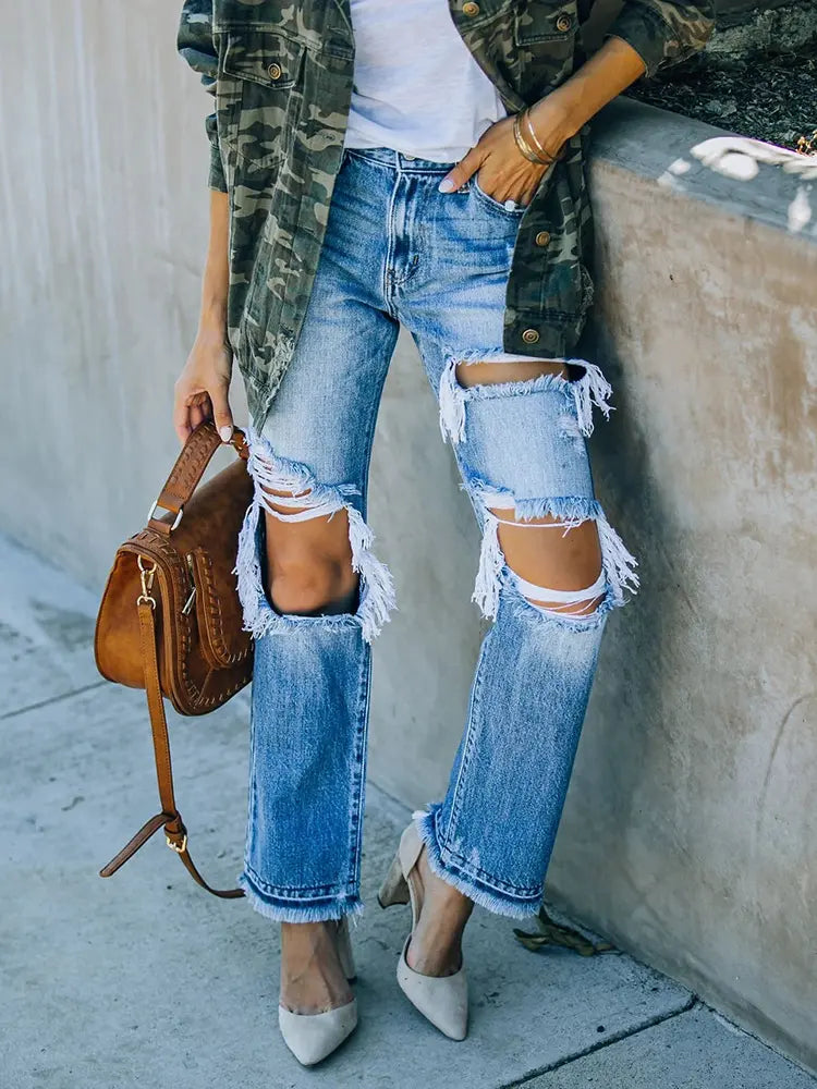 Ripped Distressed Beggar-Style Denim Pants-Massicos