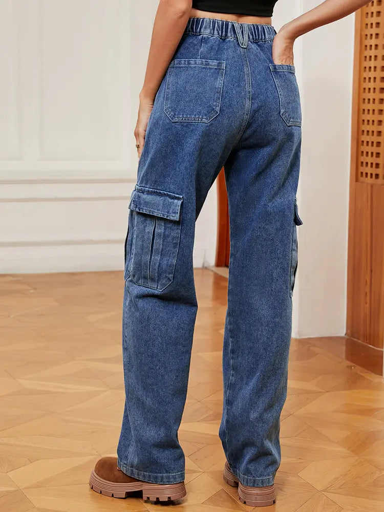 American Style Elastic-Waist Denim Cargo Pants-Massicos