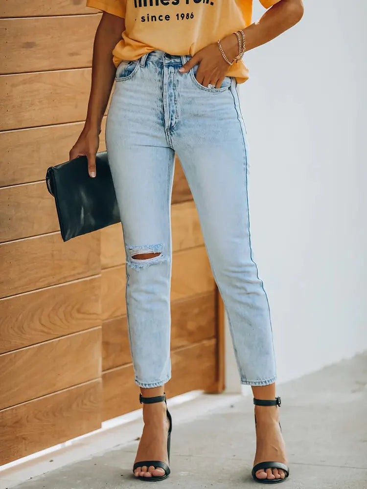 Vintage Ripped Denim Ankle-Length Pants-Massicos