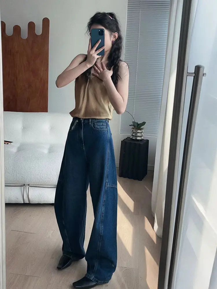 Trendy Loose Arc-Cut Denim Pants-Massicos