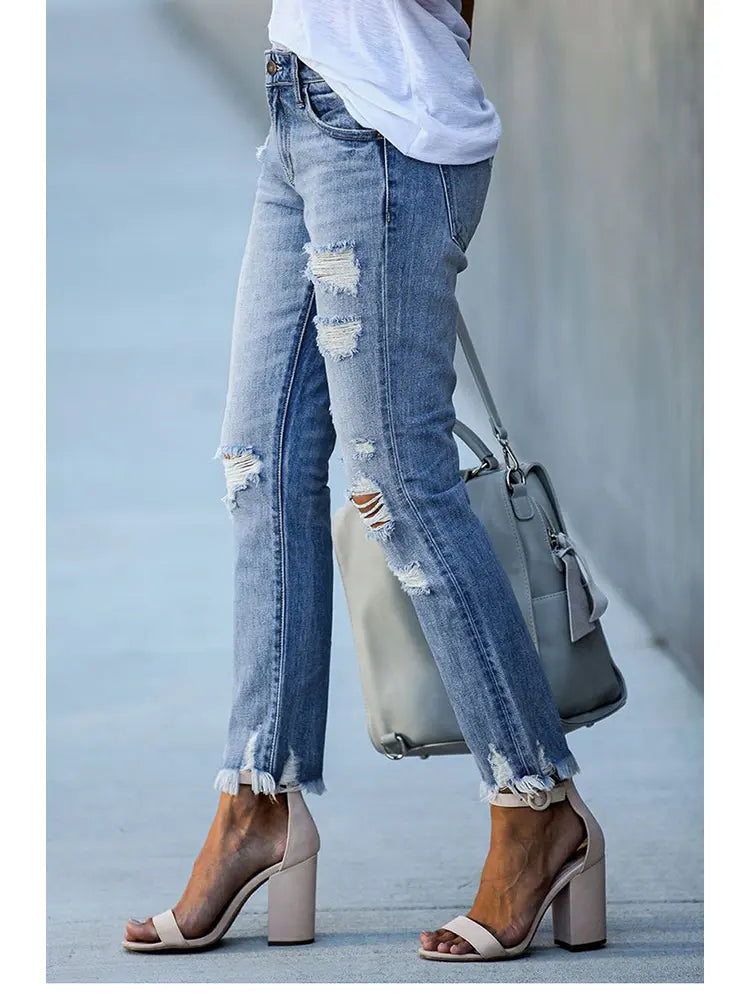 Slim Fit Ripped Cropped Jeans-Massicos