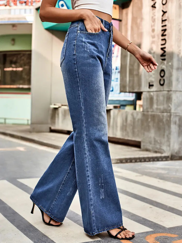 Versatile Mid-Rise Flared Denim Pants-Massicos