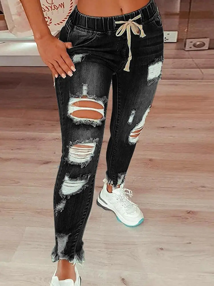 Drawstring Distressed Relaxed-Fit Street Denim Pants-Massicos