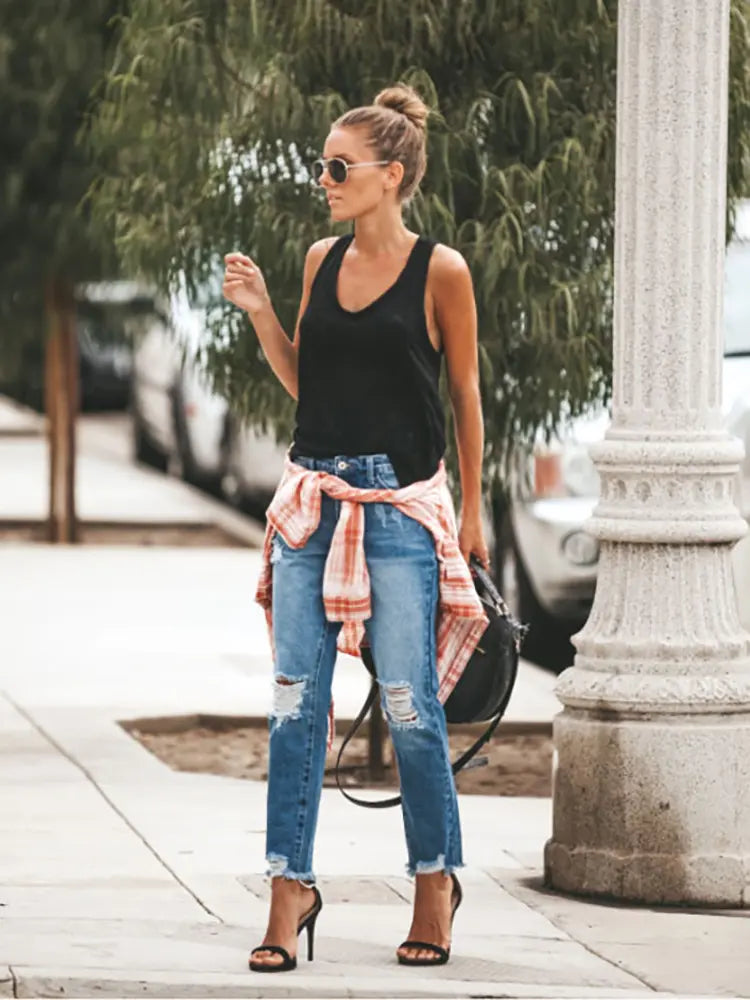 Trendy Distressed Denim Casual Pants-Massicos