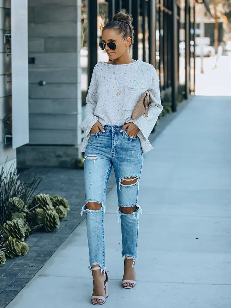 Street Style Ripped Slim-Fit Ankle-Length Jeans-Massicos