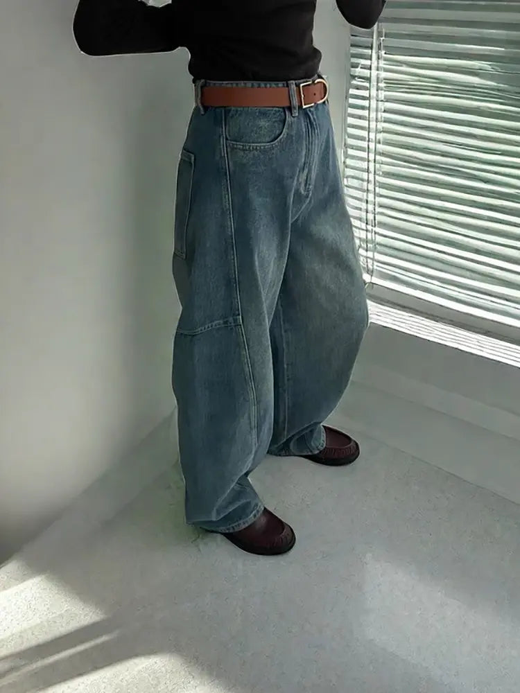 Trendy Loose Arc-Cut Denim Pants-Massicos