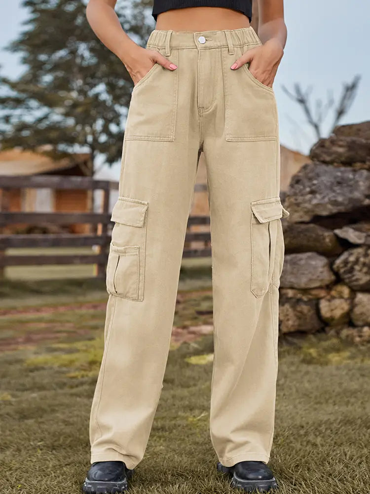 American Style Elastic-Waist Denim Cargo Pants-Massicos