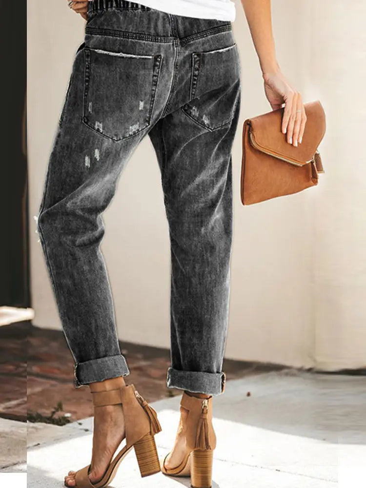 Autumn Drawstring Ripped Denim Pants-Massicos