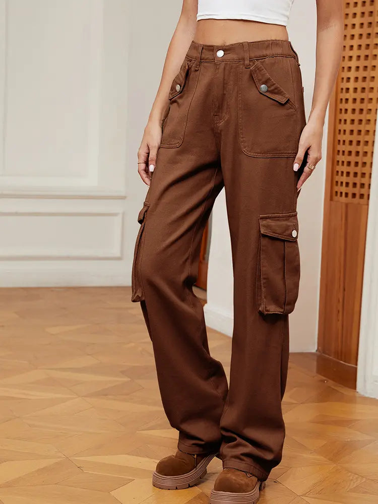 Retro Elastic Waist Denim Cargo Pants-Massicos