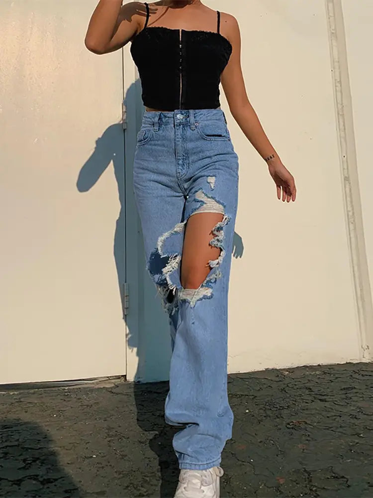 Summer Loose Straight-Leg Ripped Jeans-Massicos