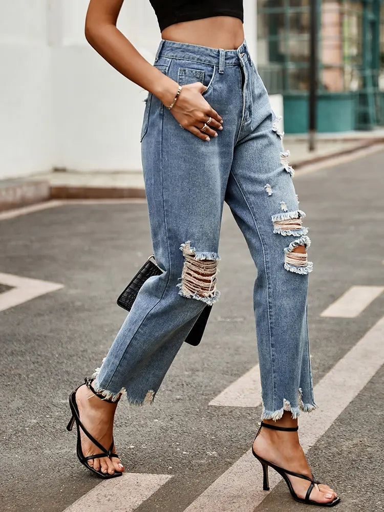 Trendy Frayed Slim-Fit Cropped Jeans-Massicos