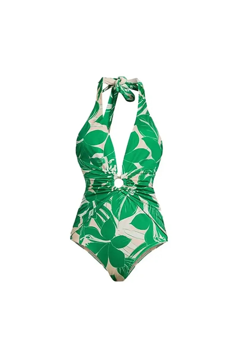 Green Halter Deep V One-Piece Swimsuit Set-ROVOLE