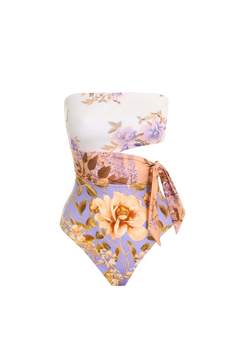 Cutout Floral Tie-Waist One-Piece Swimsuit-ROVOLE