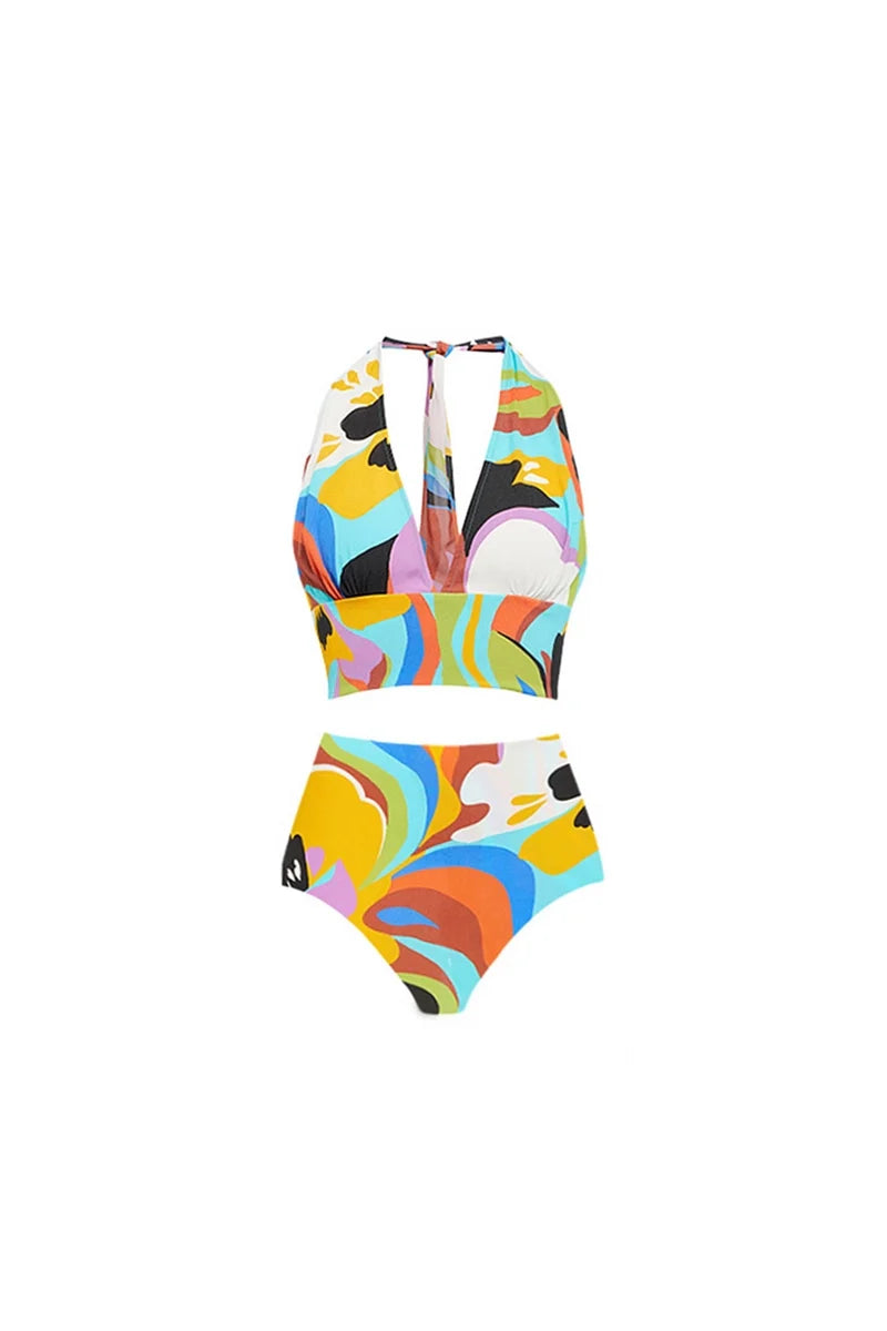 Deep V Halter Neck Print Sexy Swimsuit Set-ROVOLE