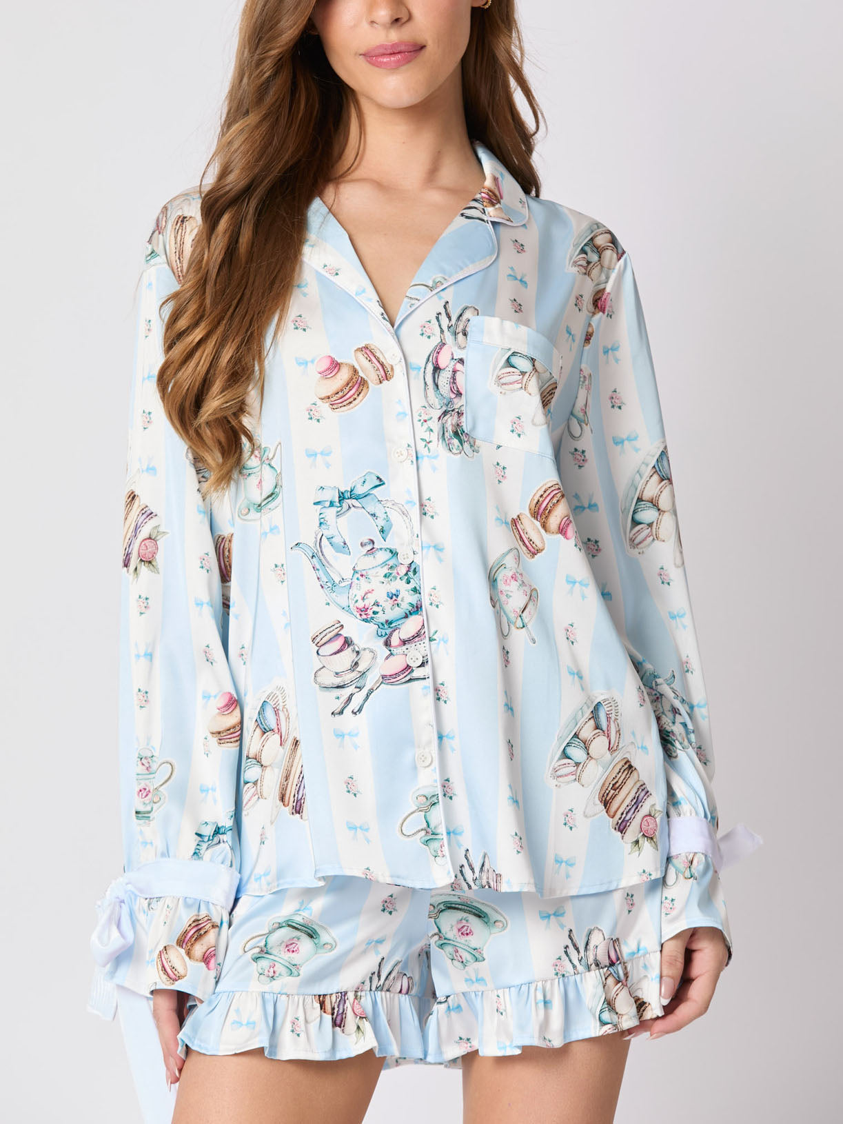 Tea Party Print Bow Tie Pajama Set-Massicos