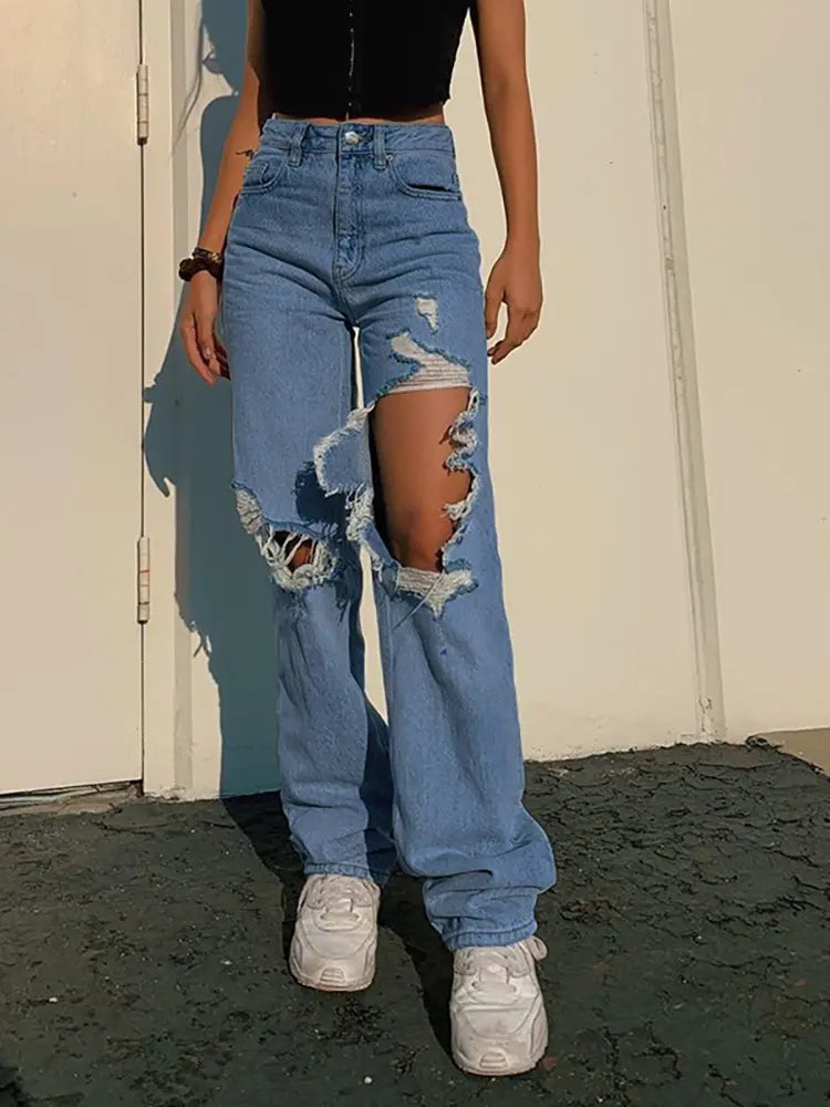 Summer Loose Straight-Leg Ripped Jeans-Massicos