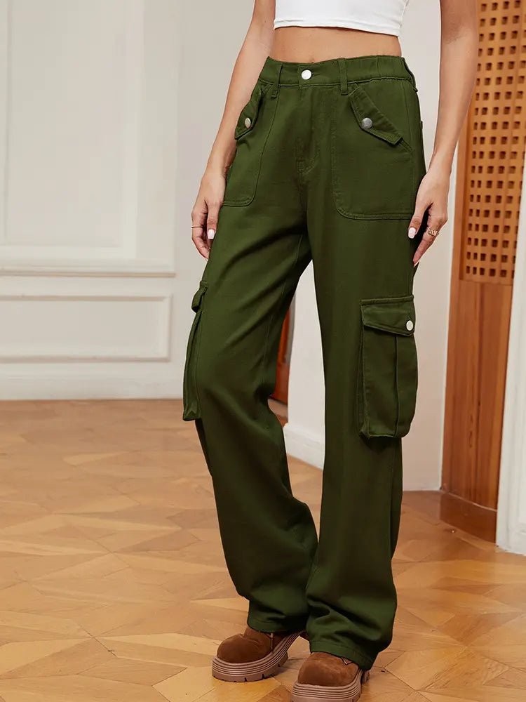 Retro Elastic Waist Denim Cargo Pants-Massicos