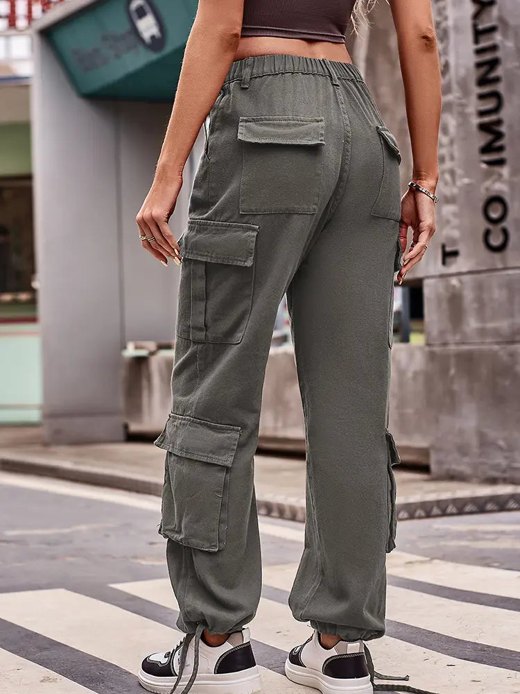 Loose-Fit Drawstring Denim Cargo Pants-Massicos