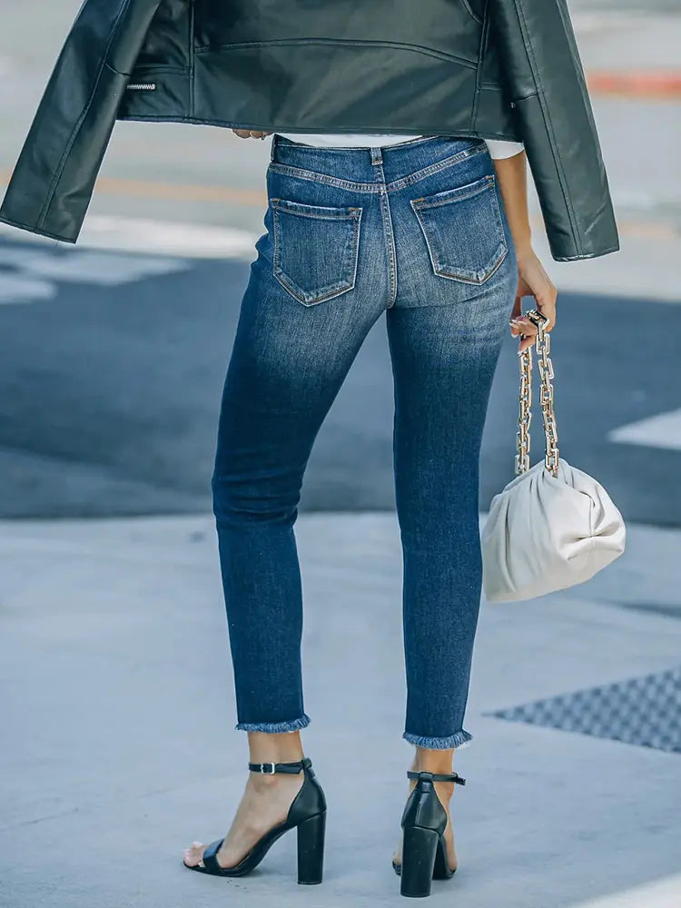 Stretch Button-Up Ripped Ankle-Length Jeans-Massicos
