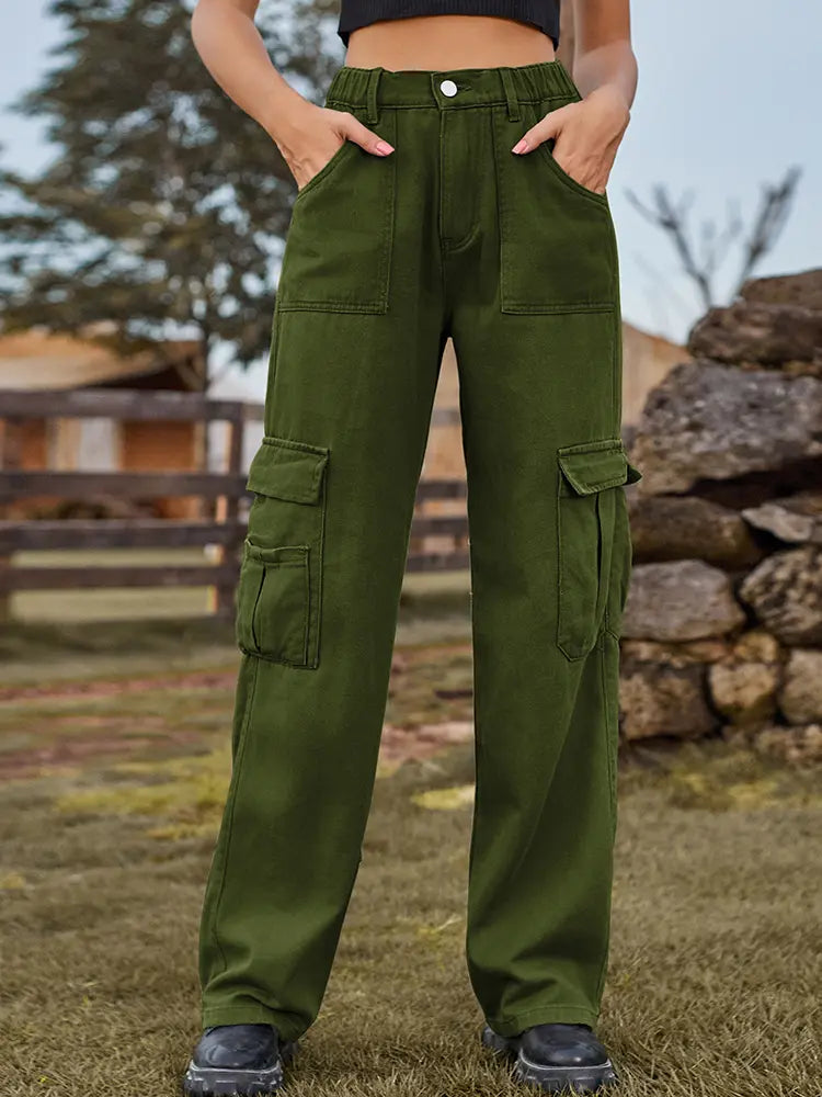 American Style Elastic-Waist Denim Cargo Pants-Massicos