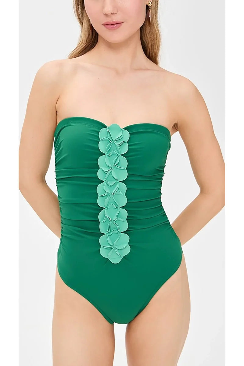Green 3D Floral Strapless Swimsuit-ROVOLE
