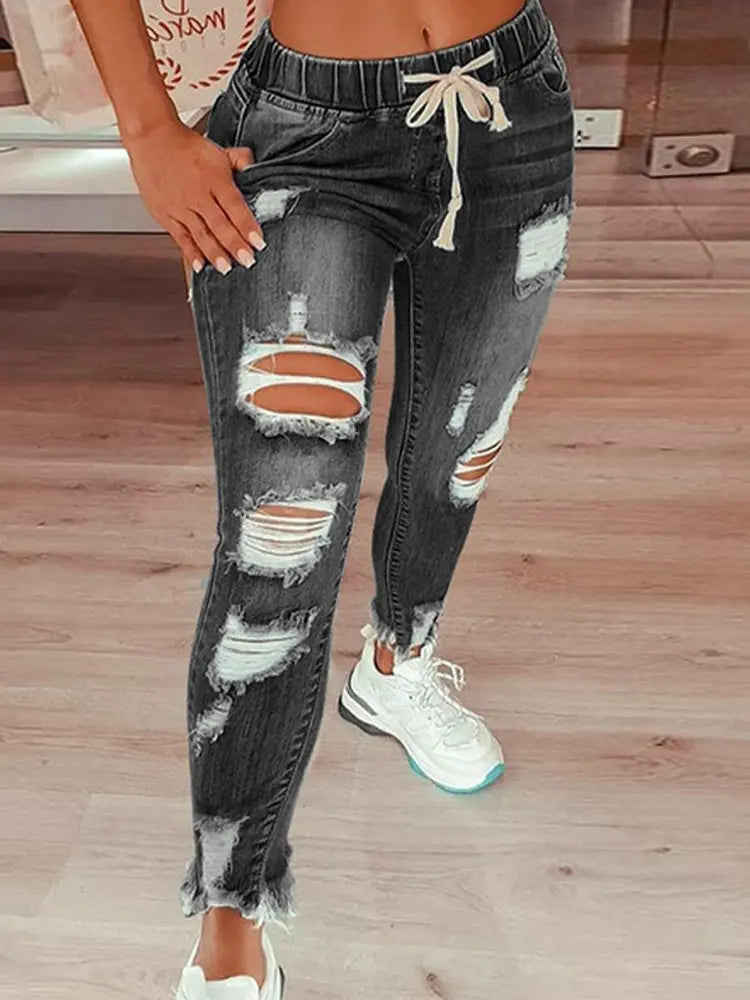 Drawstring Distressed Relaxed-Fit Street Denim Pants-Massicos