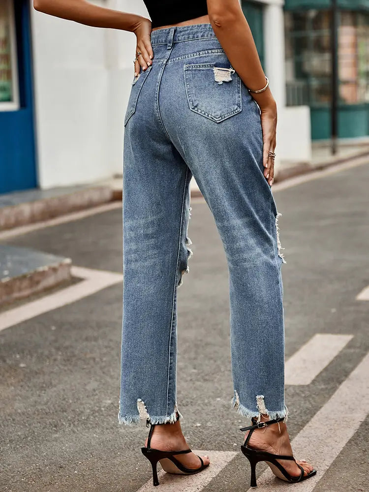 Trendy Frayed Slim-Fit Cropped Jeans-Massicos