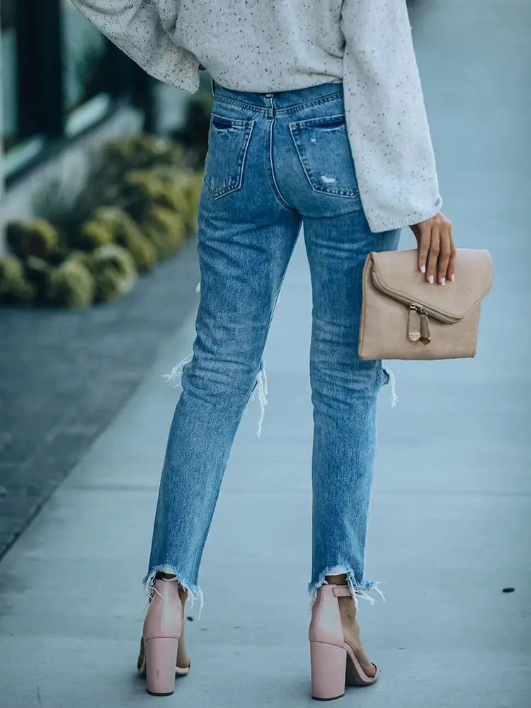 Street Style Ripped Slim-Fit Ankle-Length Jeans-Massicos