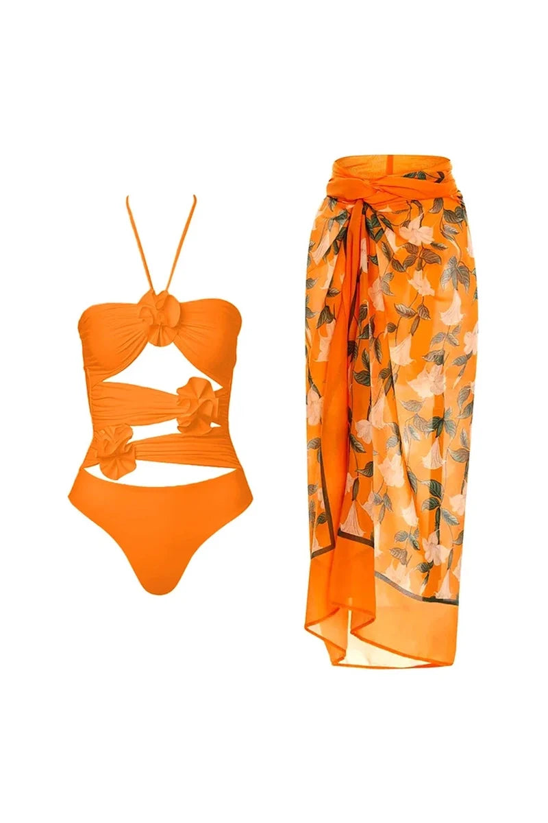 Halter 3D Floral Backless One Piece Swimsuit-ROVOLE