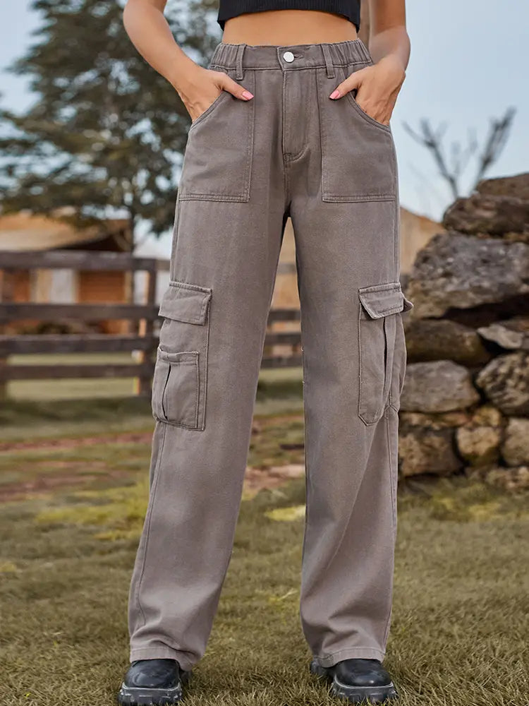 American Style Elastic-Waist Denim Cargo Pants-Massicos
