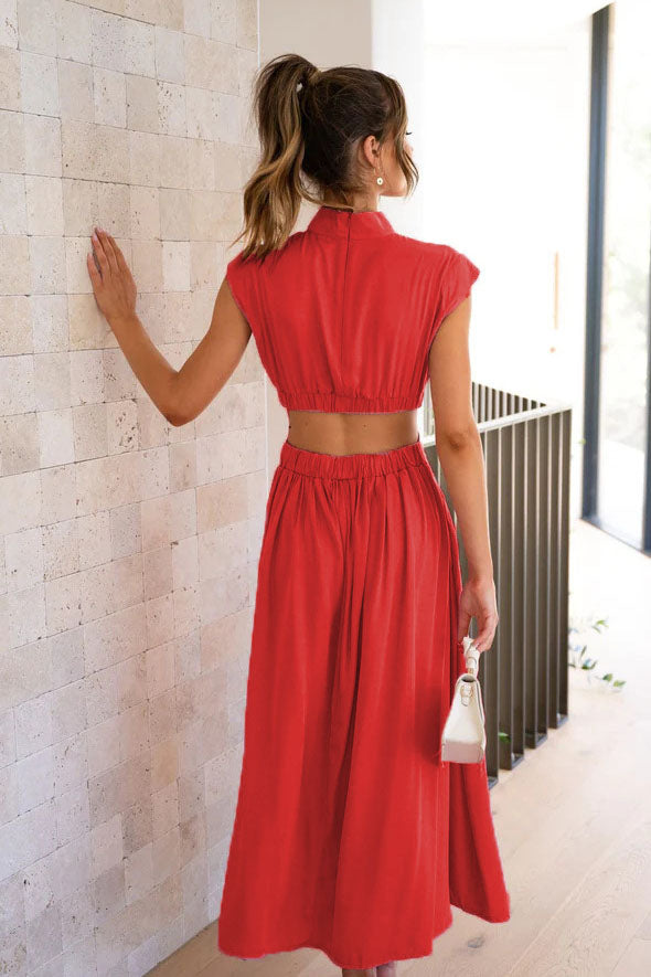 Cutout Waist Pocketed Vacation Midi Dress-ROVOLE