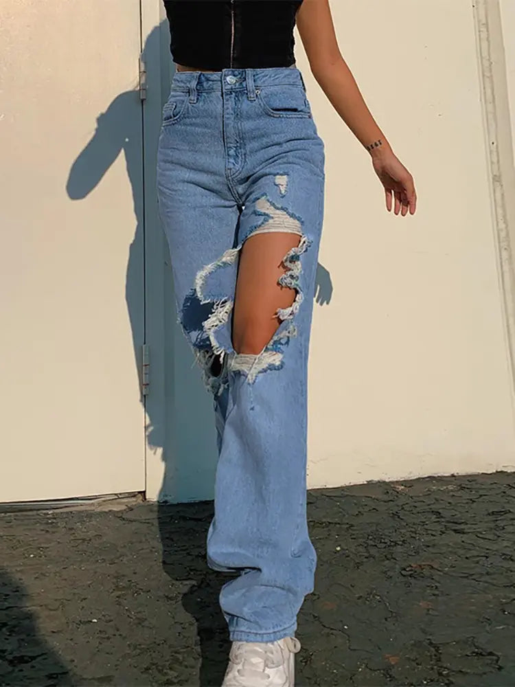 Summer Loose Straight-Leg Ripped Jeans-Massicos